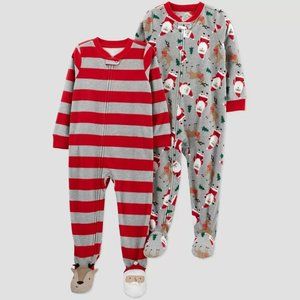 New! Carter's Set of 2 Striped Santa Fleece Footed Pajamas, Holiday Christmas